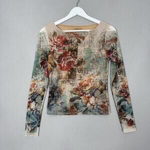 Sweet Lilac Fitted Mesh Top Womens Medium Beige Floral Y2K Grunge Streetwear